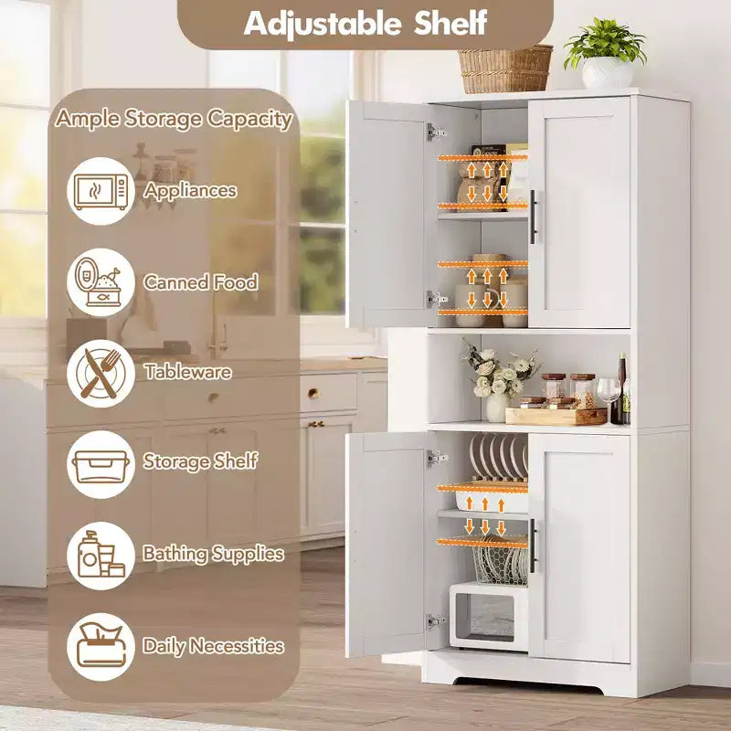 70 Tall Kitchen Pantry Cabinet with Doors and Adjustable Shelves, Freestanding Cupboard
