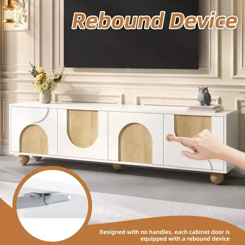 Farmhouse TV Stand for TVs up to 75", Cream Media Console with Rebound Doors and 5 Solid Wood Legs