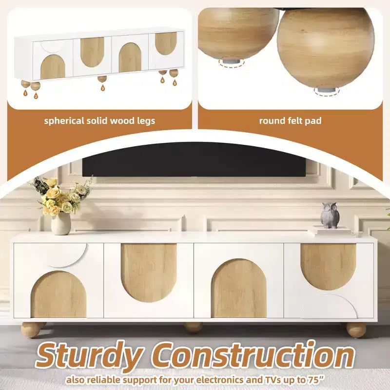 Farmhouse TV Stand for TVs up to 75", Cream Media Console with Rebound Doors and 5 Solid Wood Legs