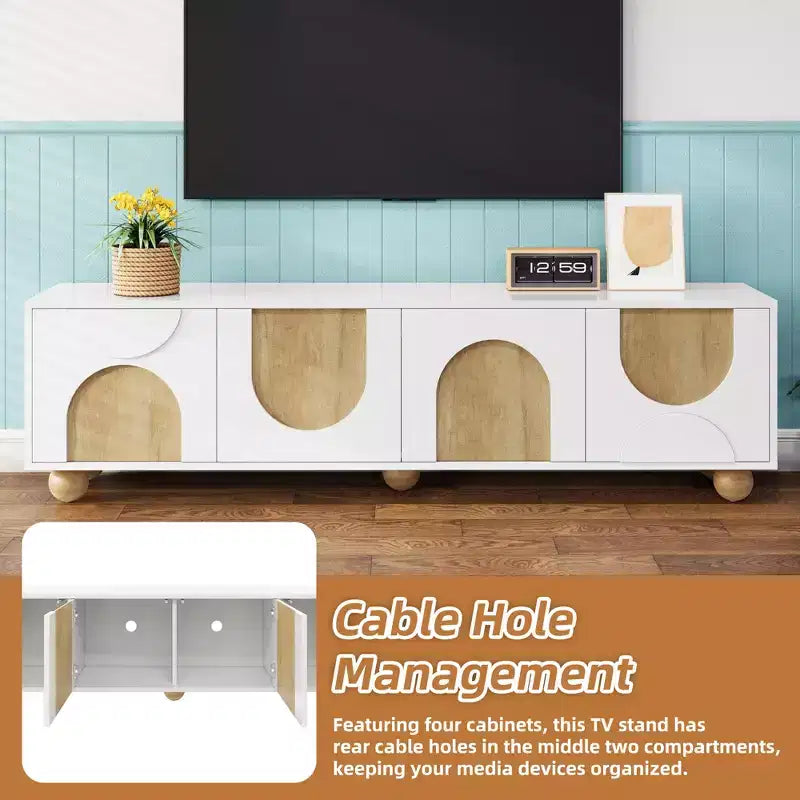 Farmhouse TV Stand for TVs up to 75", Cream Media Console with Rebound Doors and 5 Solid Wood Legs