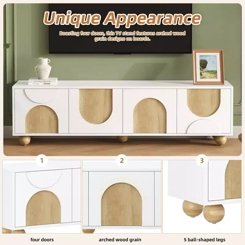 Farmhouse TV Stand for TVs up to 75", Cream Media Console with Rebound Doors and 5 Solid Wood Legs