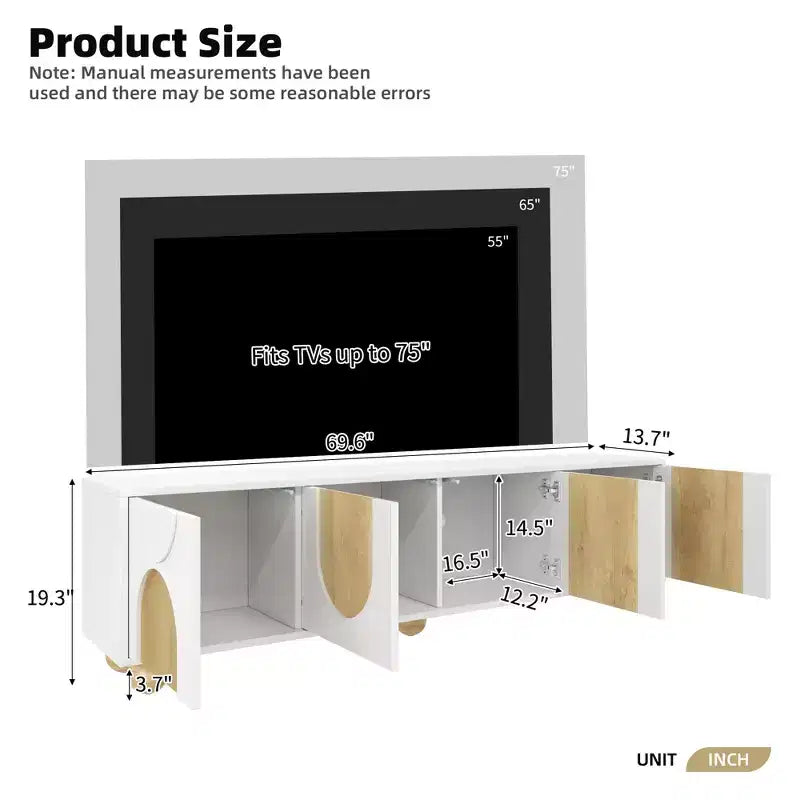 Farmhouse TV Stand for TVs up to 75", Cream Media Console with Rebound Doors and 5 Solid Wood Legs