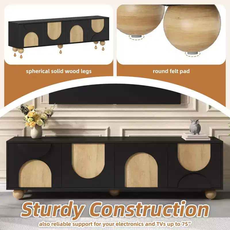 Farmhouse TV Stand for TVs up to 75", Cream Media Console with Rebound Doors and 5 Solid Wood Legs