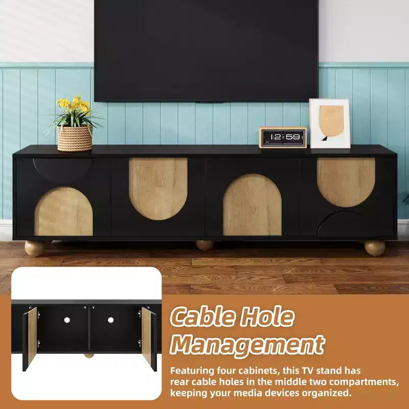 Farmhouse TV Stand for TVs up to 75", Cream Media Console with Rebound Doors and 5 Solid Wood Legs