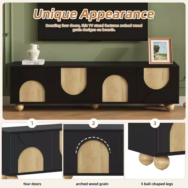 Farmhouse TV Stand for TVs up to 75", Cream Media Console with Rebound Doors and 5 Solid Wood Legs