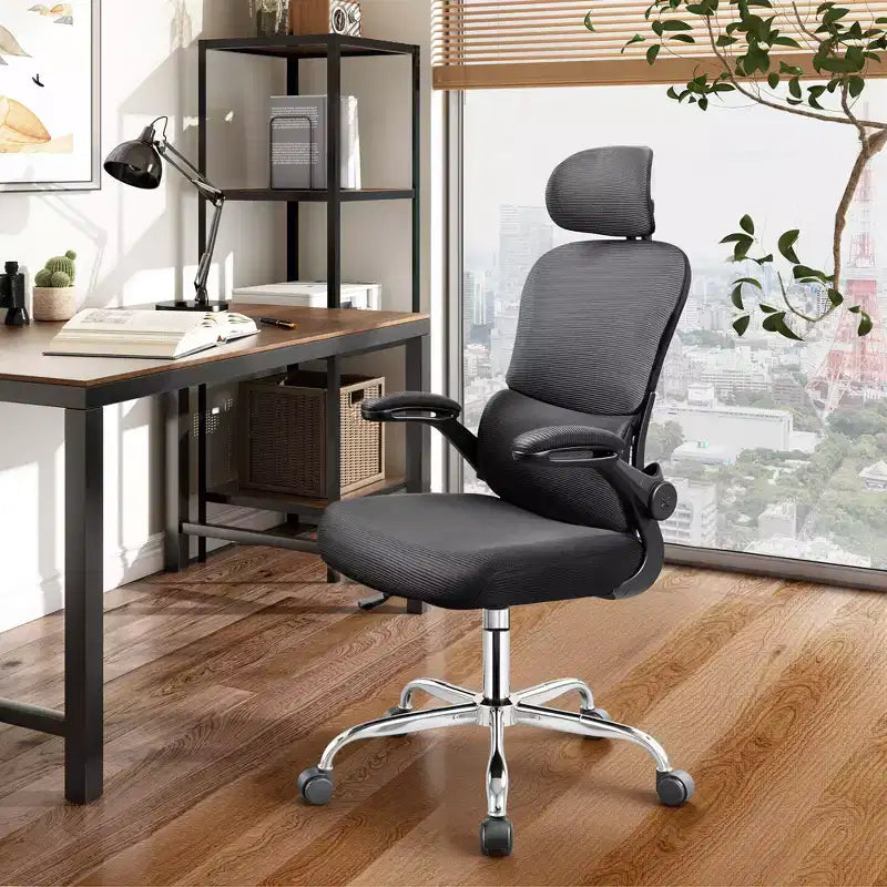Mesh Office Chair, Ergonomic with 3D Headrest and Flip-Up Armrests, for Professionals and Gamers, Black