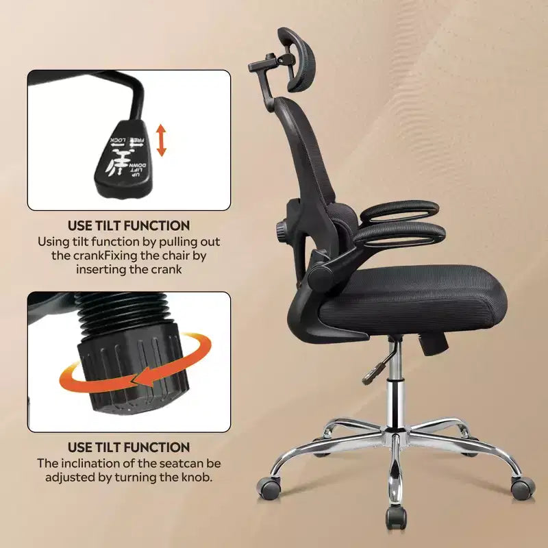Mesh Office Chair, Ergonomic with 3D Headrest and Flip-Up Armrests, for Professionals and Gamers, Black