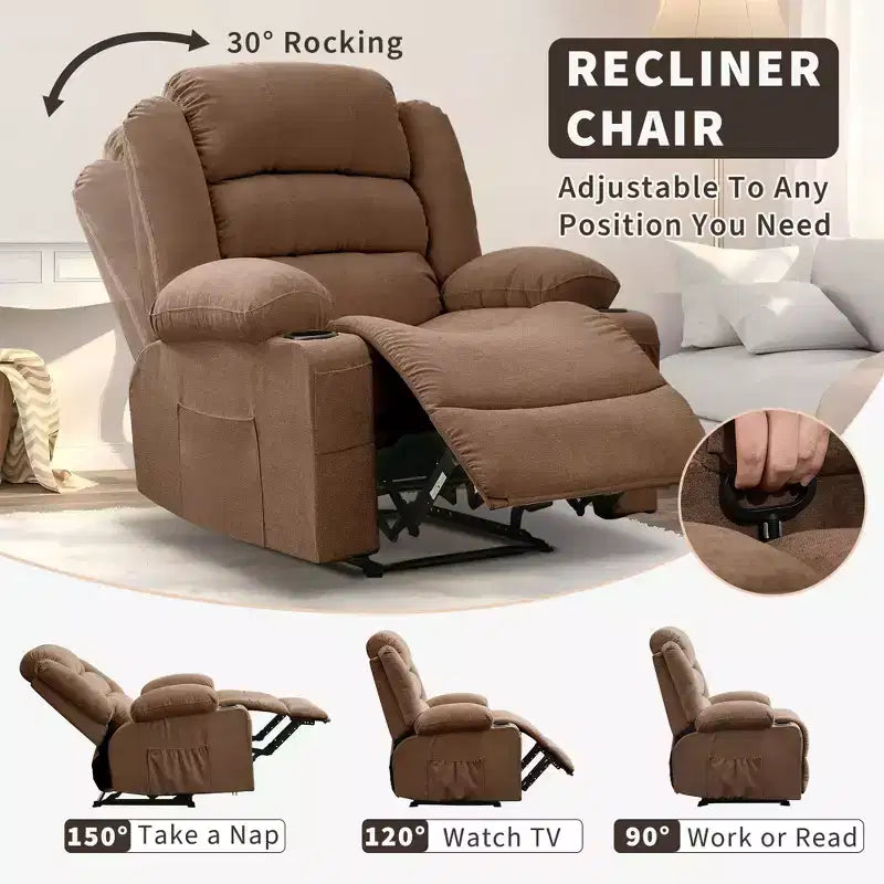 Large Recliner Chair for Adults, Manual Fabric Recliner, Minimalist Single Reclining Sofa with Side Pockets, Cup Holders