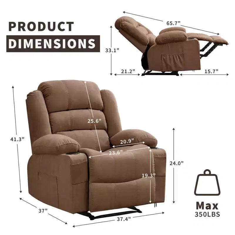 Large Recliner Chair for Adults, Manual Fabric Recliner, Minimalist Single Reclining Sofa with Side Pockets, Cup Holders
