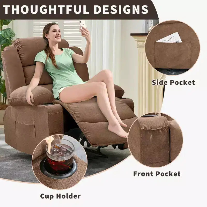 Large Recliner Chair for Adults, Manual Fabric Recliner, Minimalist Single Reclining Sofa with Side Pockets, Cup Holders