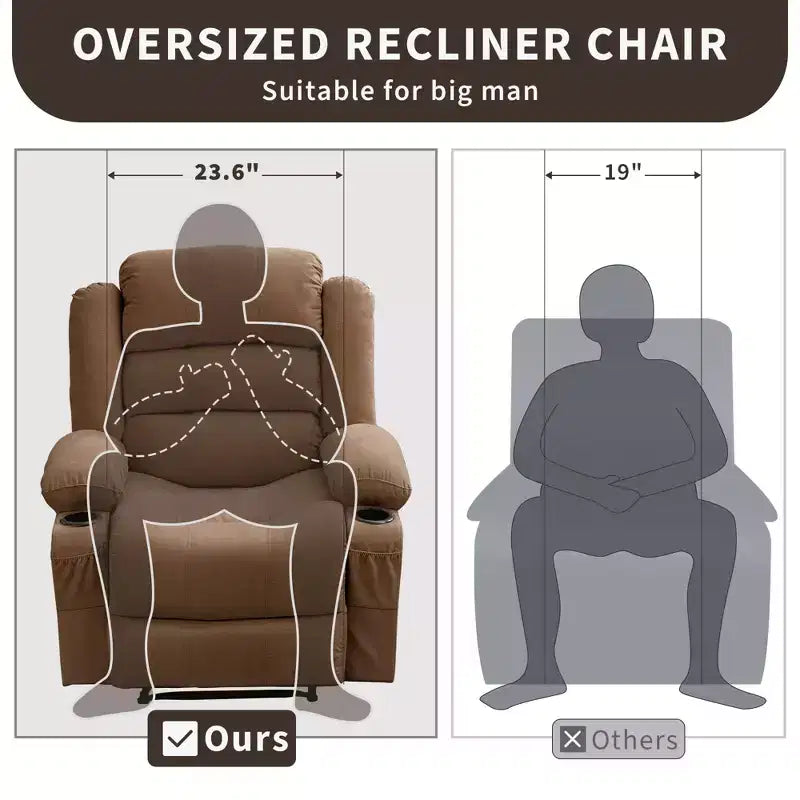 Large Recliner Chair for Adults, Manual Fabric Recliner, Minimalist Single Reclining Sofa with Side Pockets, Cup Holders