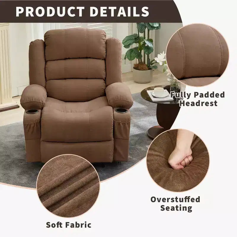Large Recliner Chair for Adults, Manual Fabric Recliner, Minimalist Single Reclining Sofa with Side Pockets, Cup Holders