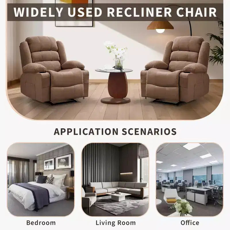 Large Recliner Chair for Adults, Manual Fabric Recliner, Minimalist Single Reclining Sofa with Side Pockets, Cup Holders