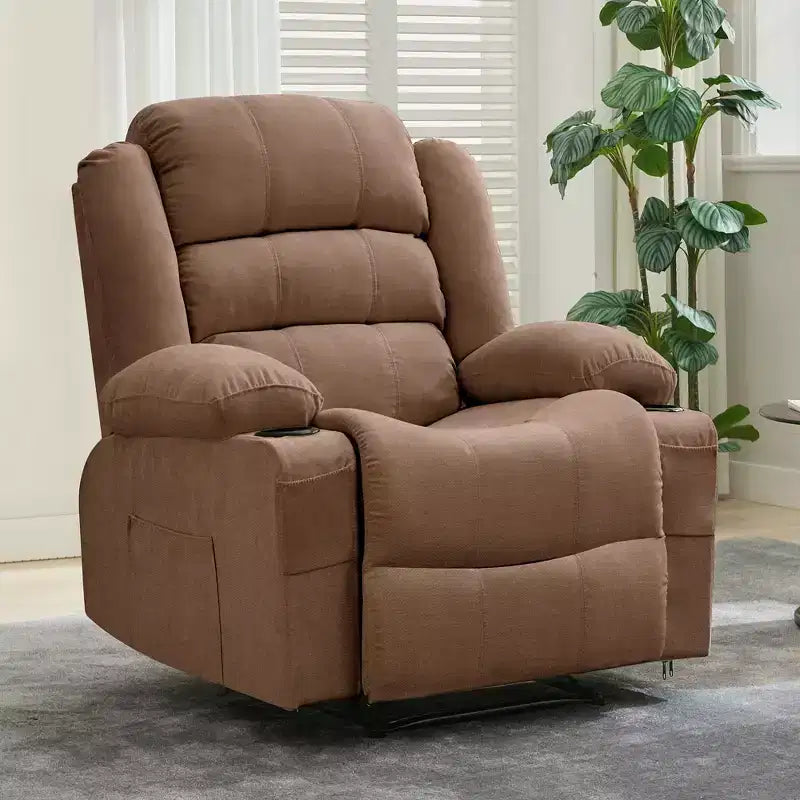 Large Recliner Chair for Adults, Manual Fabric Recliner, Minimalist Single Reclining Sofa with Side Pockets, Cup Holders