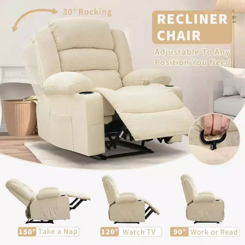 Large Recliner Chair for Adults, Manual Fabric Recliner, Minimalist Single Reclining Sofa with Side Pockets, Cup Holders