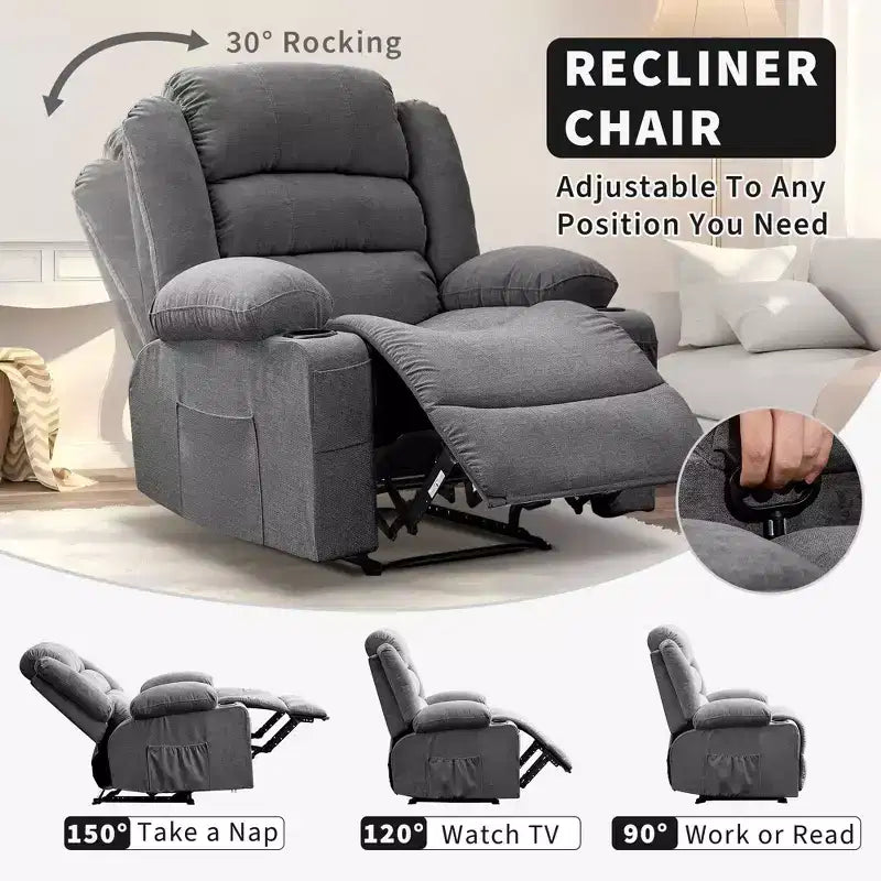 Large Recliner Chair for Adults, Manual Fabric Recliner, Minimalist Single Reclining Sofa with Side Pockets, Cup Holders