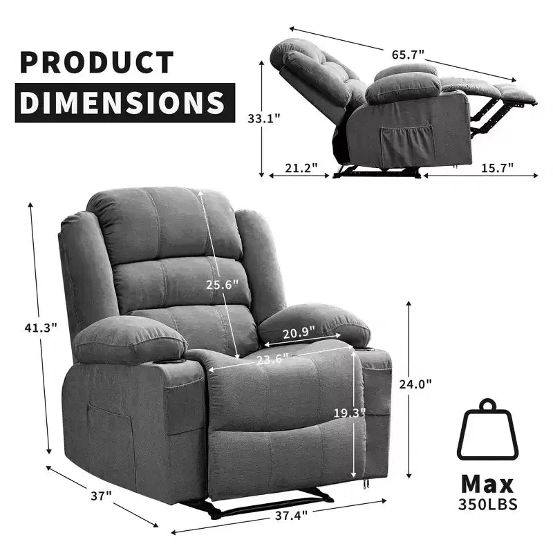 Large Recliner Chair for Adults, Manual Fabric Recliner, Minimalist Single Reclining Sofa with Side Pockets, Cup Holders