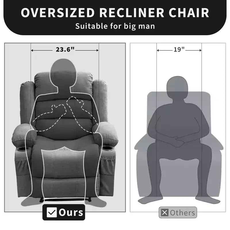 Large Recliner Chair for Adults, Manual Fabric Recliner, Minimalist Single Reclining Sofa with Side Pockets, Cup Holders