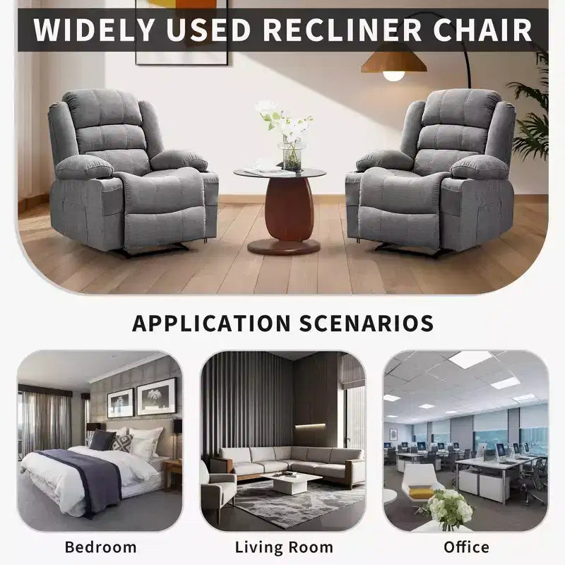 Large Recliner Chair for Adults, Manual Fabric Recliner, Minimalist Single Reclining Sofa with Side Pockets, Cup Holders