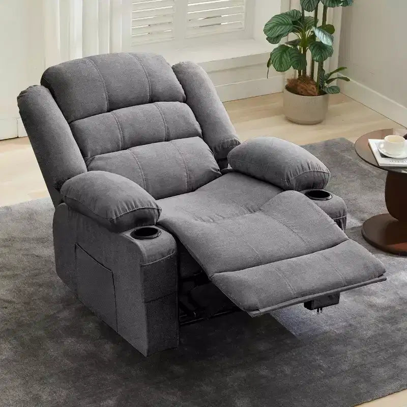 Large Recliner Chair for Adults, Manual Fabric Recliner, Minimalist Single Reclining Sofa with Side Pockets, Cup Holders