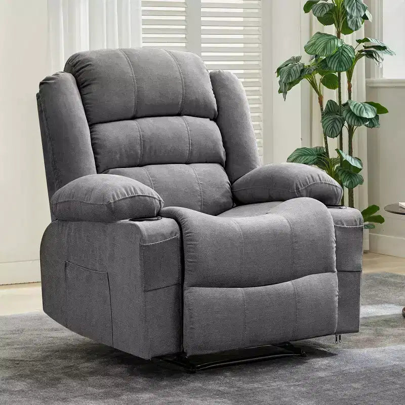 Large Recliner Chair for Adults, Manual Fabric Recliner, Minimalist Single Reclining Sofa with Side Pockets, Cup Holders