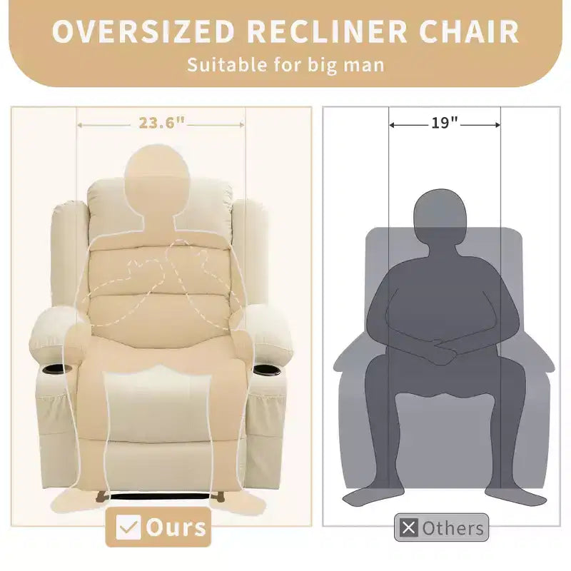 Large Recliner Chair for Adults, Manual Fabric Recliner, Minimalist Single Reclining Sofa with Side Pockets, Cup Holders