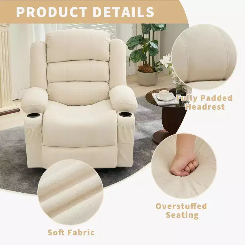 Large Recliner Chair for Adults, Manual Fabric Recliner, Minimalist Single Reclining Sofa with Side Pockets, Cup Holders