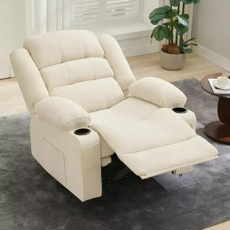 Large Recliner Chair for Adults, Manual Fabric Recliner, Minimalist Single Reclining Sofa with Side Pockets, Cup Holders