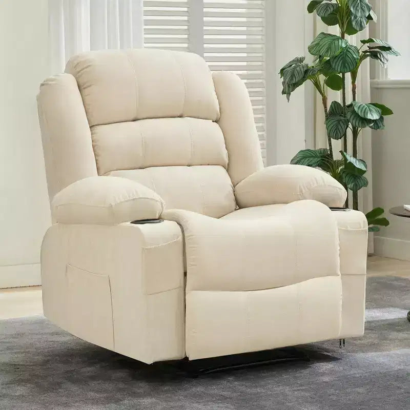 Large Recliner Chair for Adults, Manual Fabric Recliner, Minimalist Single Reclining Sofa with Side Pockets, Cup Holders