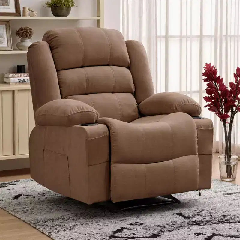 Large Recliner Chair for Adults, Manual Fabric Recliner, Minimalist Single Reclining Sofa with Side Pockets, Cup Holders