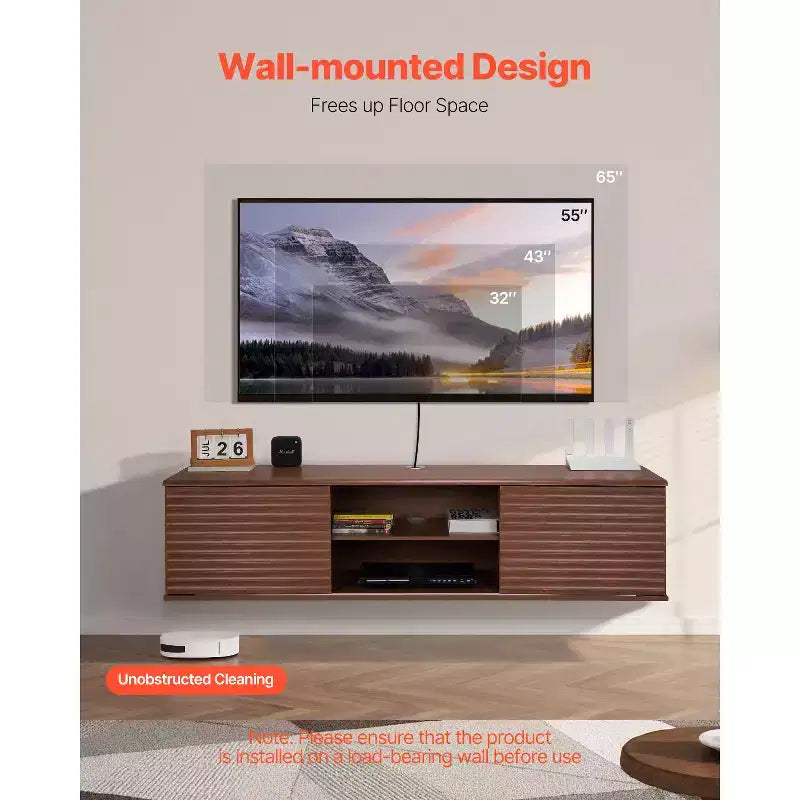 60" Floating TV Stand, Wall Mount Entertainment Center with Adjustable Shelf & Sliding Doors, 2-Tier, Brown