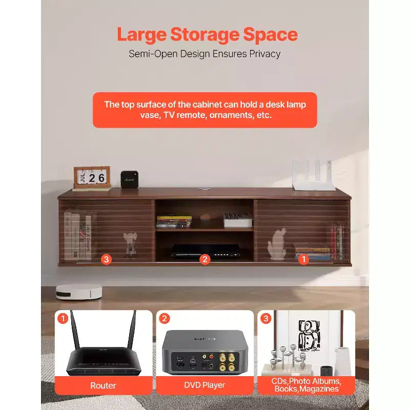 60" Floating TV Stand, Wall Mount Entertainment Center with Adjustable Shelf & Sliding Doors, 2-Tier, Brown