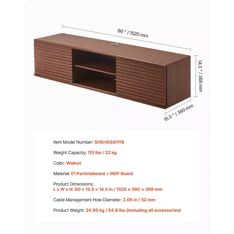 60" Floating TV Stand, Wall Mount Entertainment Center with Adjustable Shelf & Sliding Doors, 2-Tier, Brown