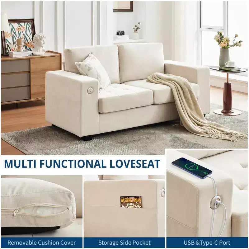 Modern Fabric 2 Seater Couch with Solid Wood Frame, Chenille Loveseat Sofa with Wide Armrest, Removable Sofa Cushion