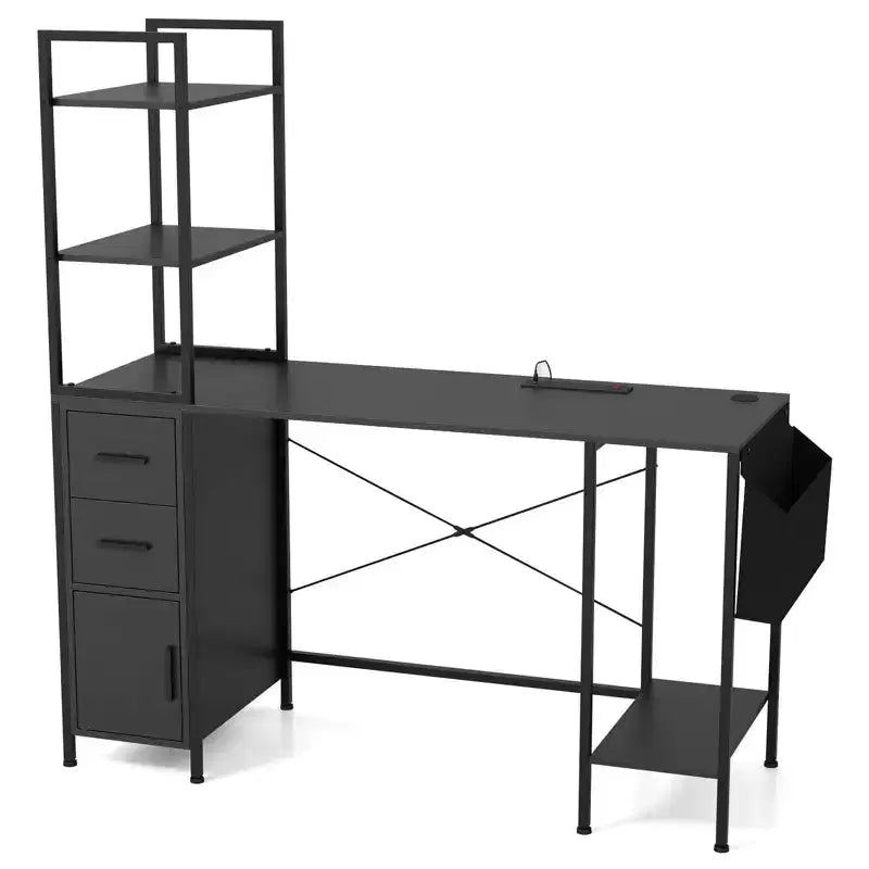 Office Desk with LED Lights & Power Outlets, Open Shelves and 2 Drawers Cabinet