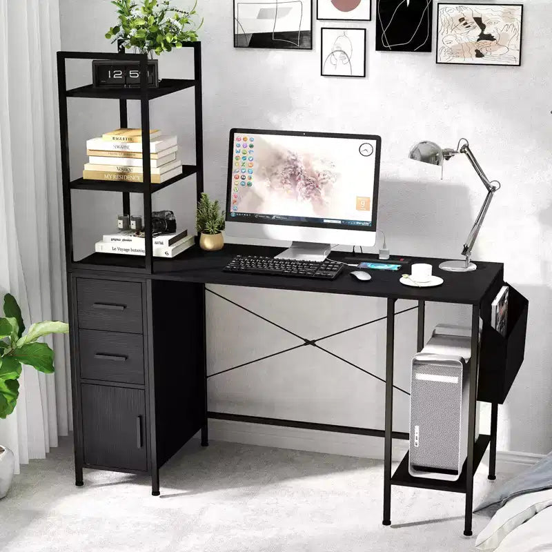 Office Desk with LED Lights & Power Outlets, Open Shelves and 2 Drawers Cabinet