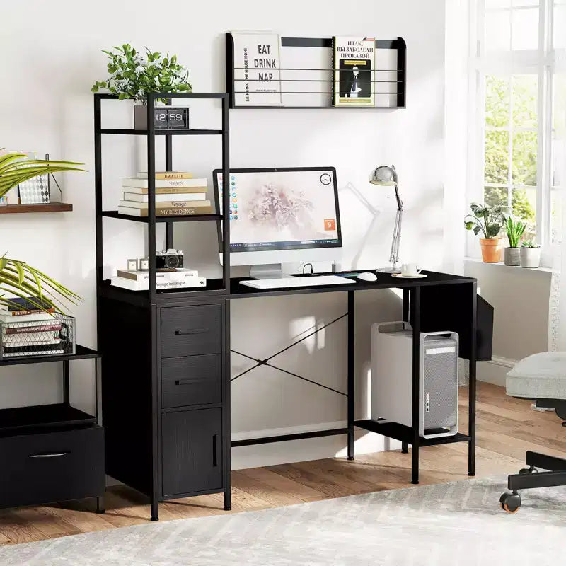 Office Desk with LED Lights & Power Outlets, Open Shelves and 2 Drawers Cabinet