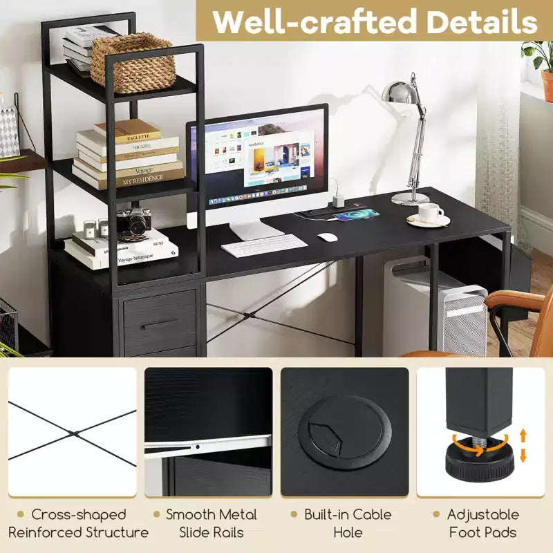 Office Desk with LED Lights & Power Outlets, Open Shelves and 2 Drawers Cabinet