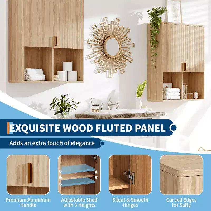 Fluted Wooden Bathroom Wall Cabinet C 23x29 Over Toilet Storage with Adjustable Shelf and Buffering Hinges C Modern Medicine Cabinet in Finish