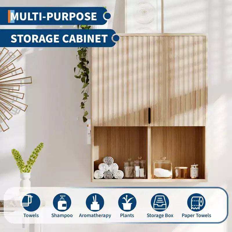 Fluted Wooden Bathroom Wall Cabinet C 23x29 Over Toilet Storage with Adjustable Shelf and Buffering Hinges C Modern Medicine Cabinet in Finish