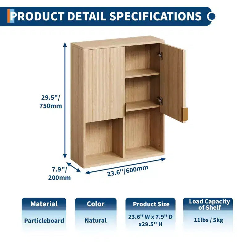 Fluted Wooden Bathroom Wall Cabinet C 23x29 Over Toilet Storage with Adjustable Shelf and Buffering Hinges C Modern Medicine Cabinet in Finish