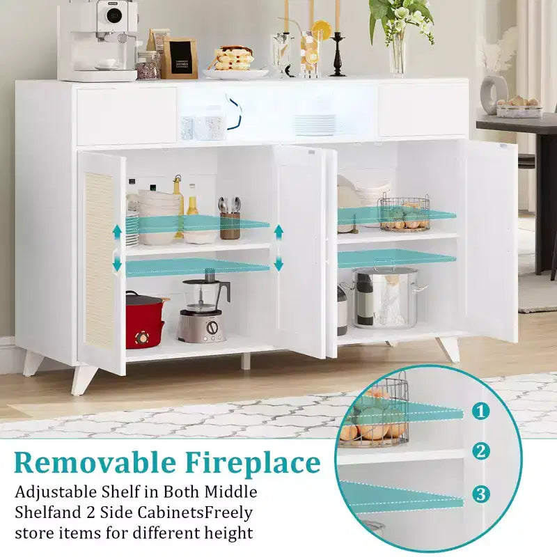 47.2 Rattan Sideboard Buffet Cabinet, 2 Drawers Accent Storage Cabinet, 4 Doors Console Table Coffee Bar With Power Outlet