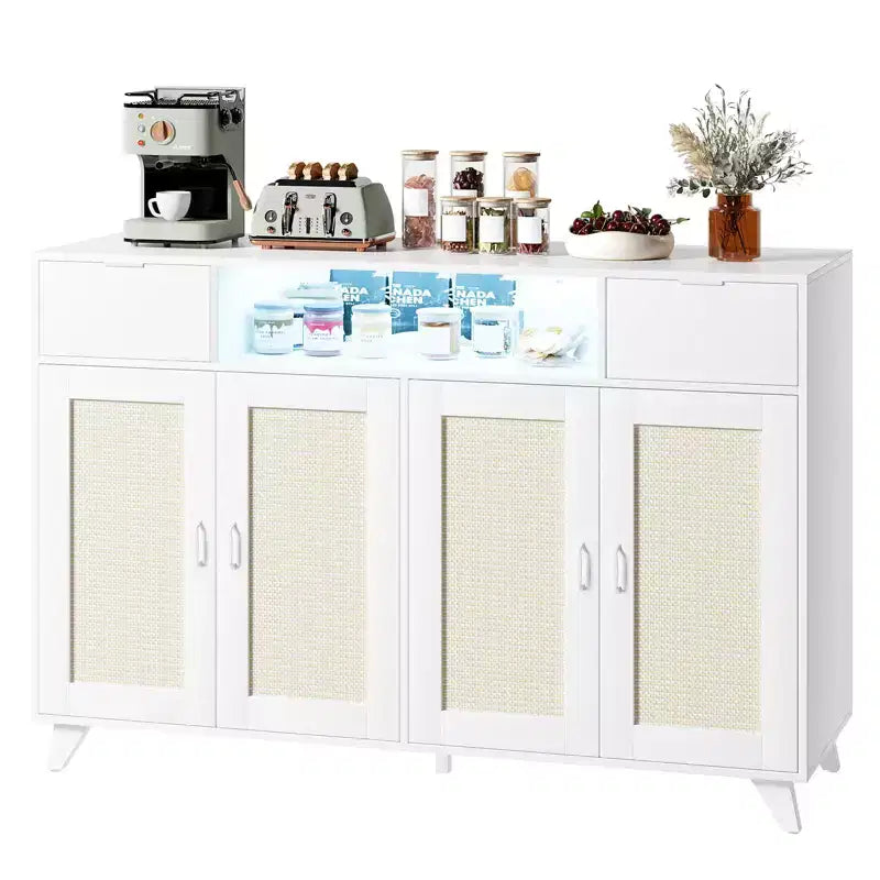 47.2 Rattan Sideboard Buffet Cabinet, 2 Drawers Accent Storage Cabinet, 4 Doors Console Table Coffee Bar With Power Outlet
