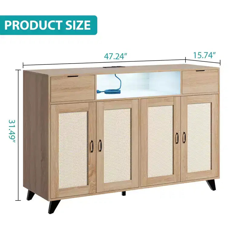 47.2 Rattan Sideboard Buffet Cabinet, 2 Drawers Accent Storage Cabinet, 4 Doors Console Table Coffee Bar With Power Outlet