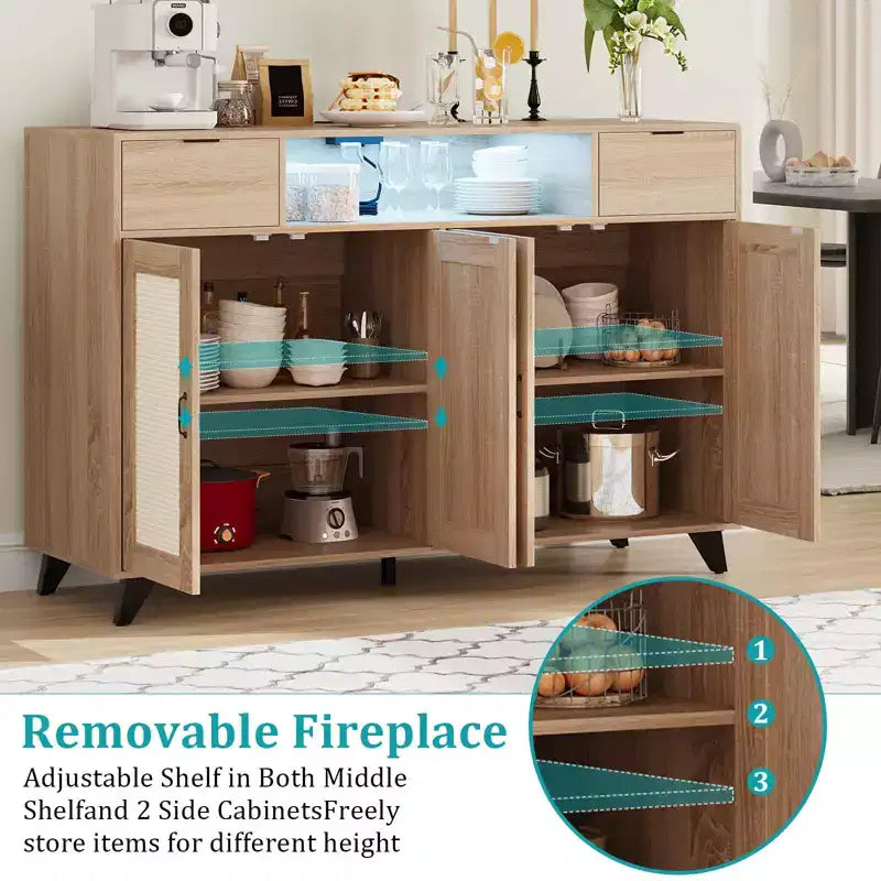 47.2 Rattan Sideboard Buffet Cabinet, 2 Drawers Accent Storage Cabinet, 4 Doors Console Table Coffee Bar With Power Outlet