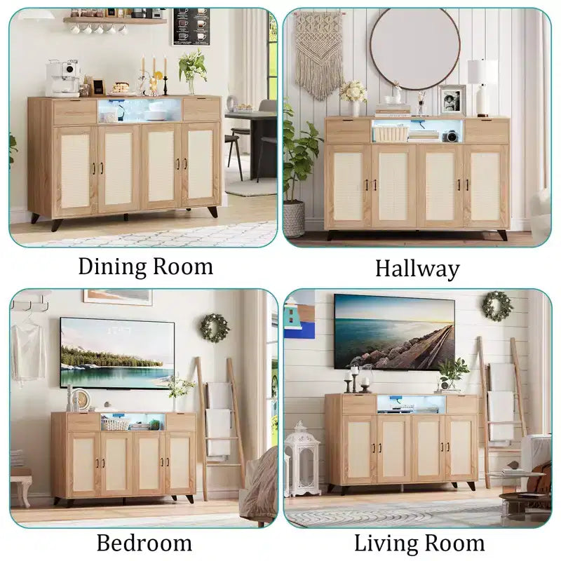 47.2 Rattan Sideboard Buffet Cabinet, 2 Drawers Accent Storage Cabinet, 4 Doors Console Table Coffee Bar With Power Outlet