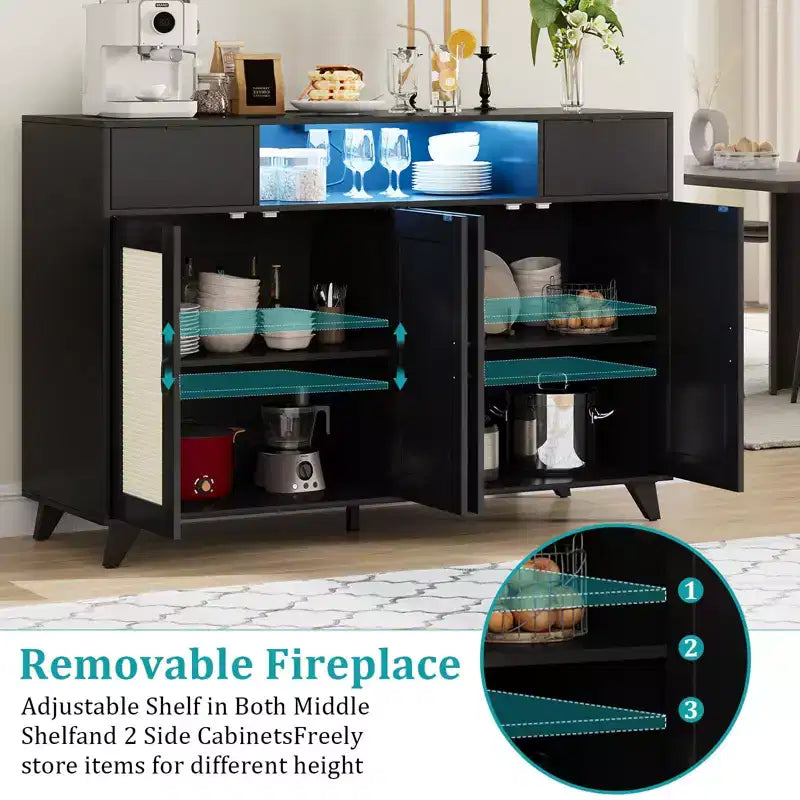 47.2 Rattan Sideboard Buffet Cabinet, 2 Drawers Accent Storage Cabinet, 4 Doors Console Table Coffee Bar With Power Outlet