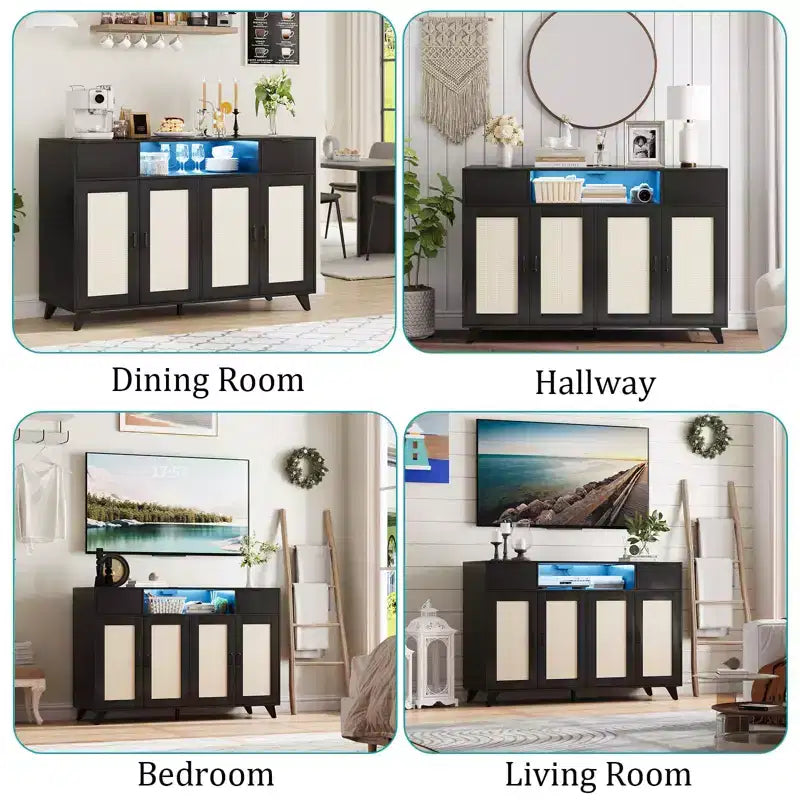47.2 Rattan Sideboard Buffet Cabinet, 2 Drawers Accent Storage Cabinet, 4 Doors Console Table Coffee Bar With Power Outlet
