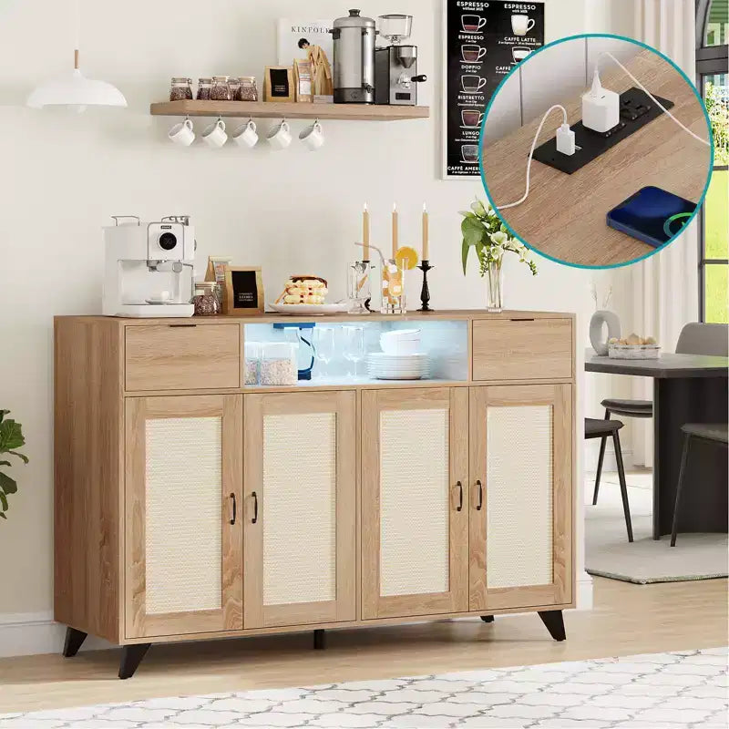 47.2 Rattan Sideboard Buffet Cabinet, 2 Drawers Accent Storage Cabinet, 4 Doors Console Table Coffee Bar With Power Outlet