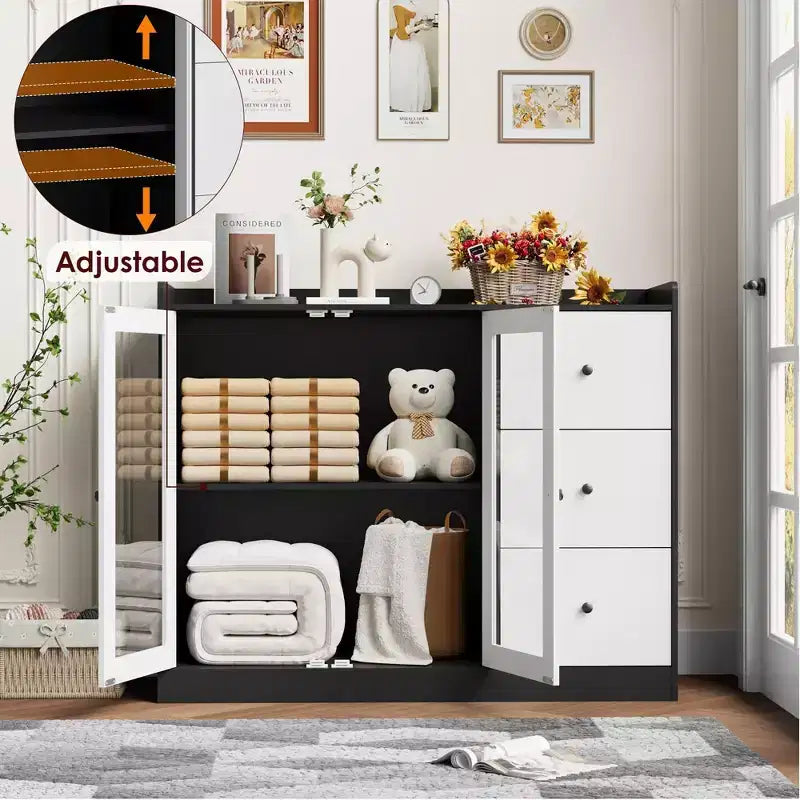 43" Buffet Sideboard Cabinet & Storage Chest with Guardrail Design, Adjustable Shelves & 3 Drawers for Kitchen and Dining Room